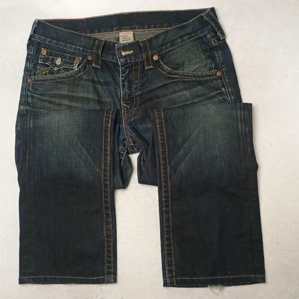 True Religion Jeans Mens 34x30 Blue Straight Medium Wash Distressed Logo USA